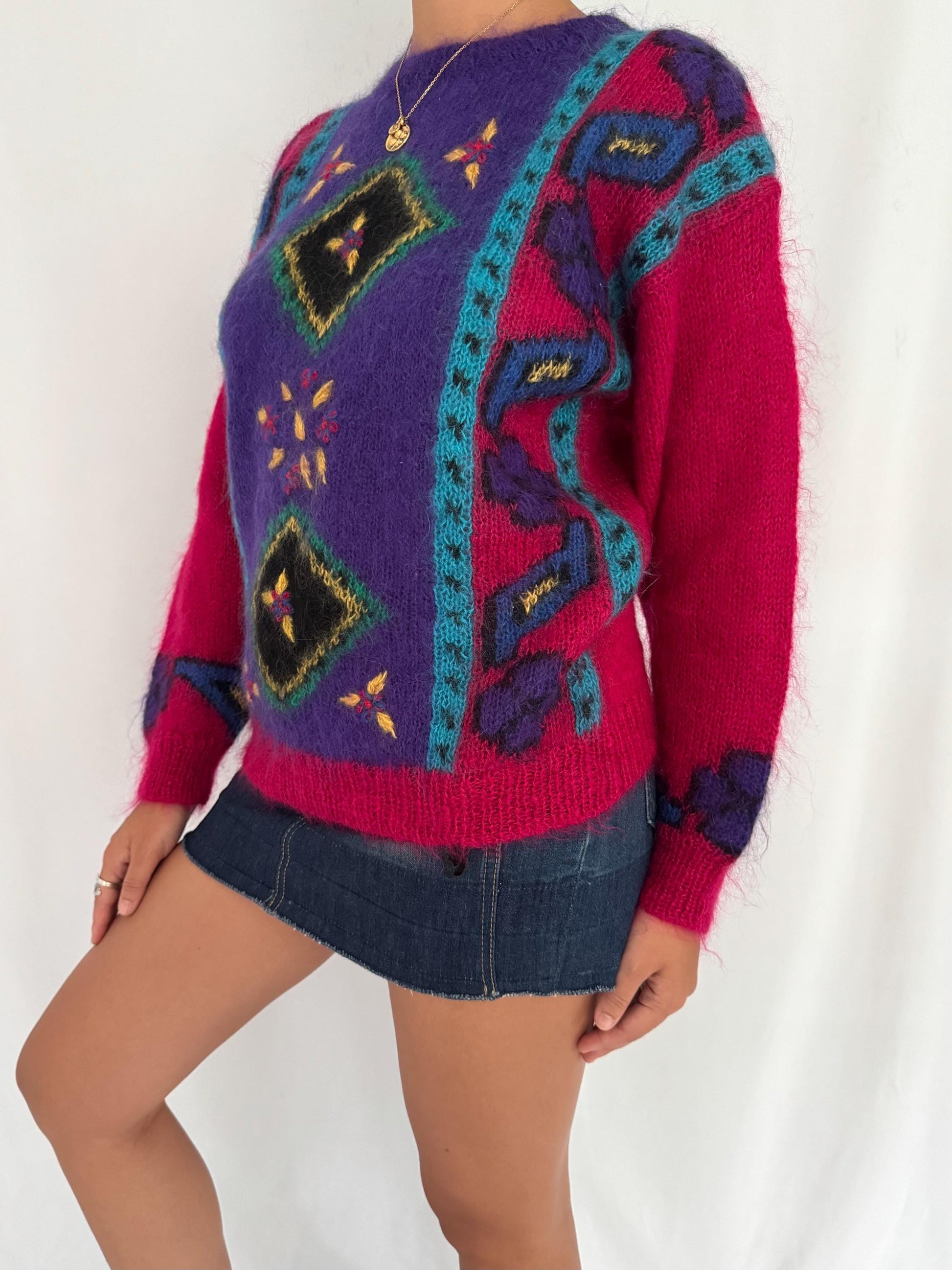 80s vintage multicolor abstract patterned mohair wool knit sweater