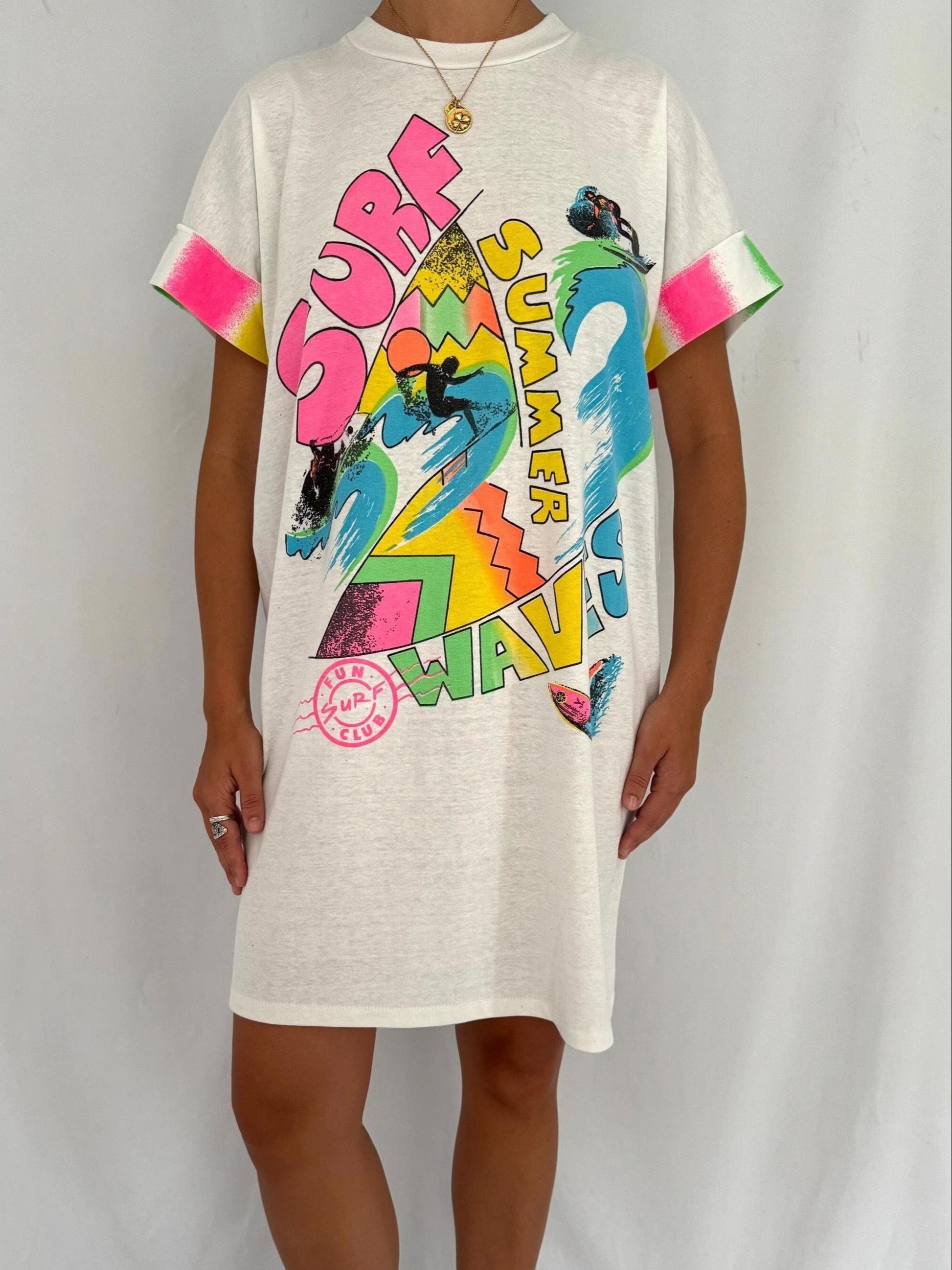 90s vintage neon surf club tropical vacation tee shirt dress