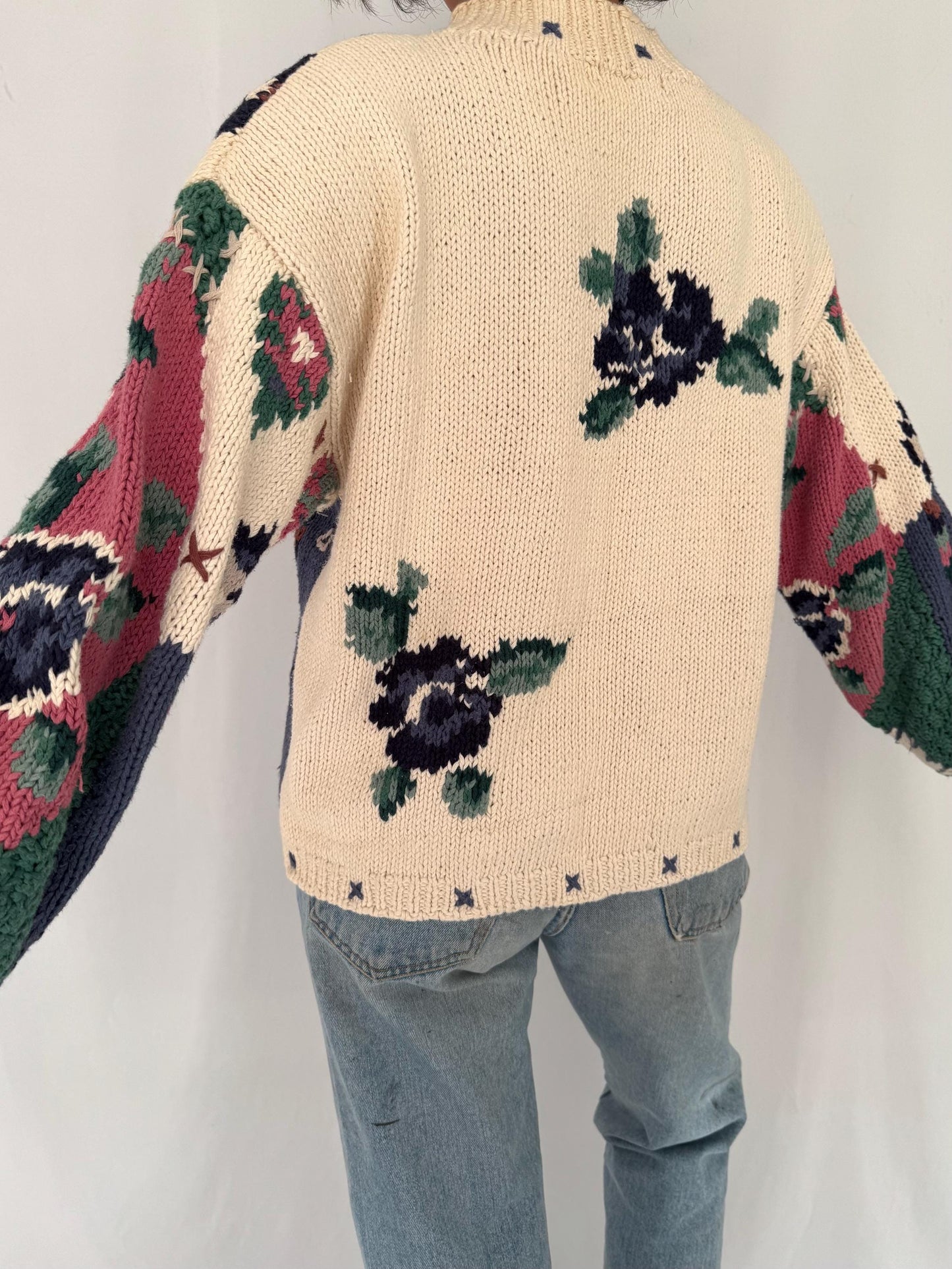 80s vintage multicolor floral patchwork granny thick hand knit sweater