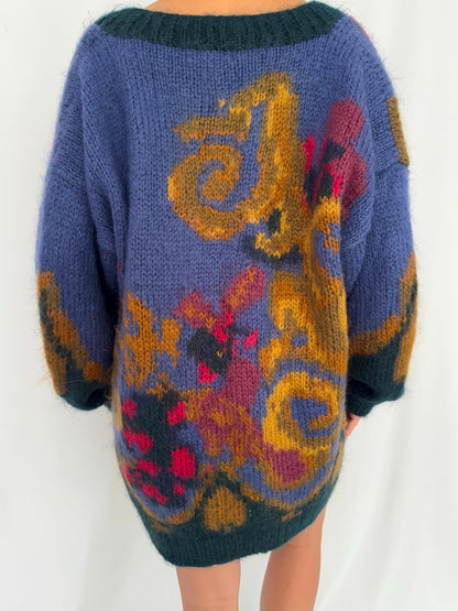 80s vintage multicolor mohair hand knit long button up cardigan