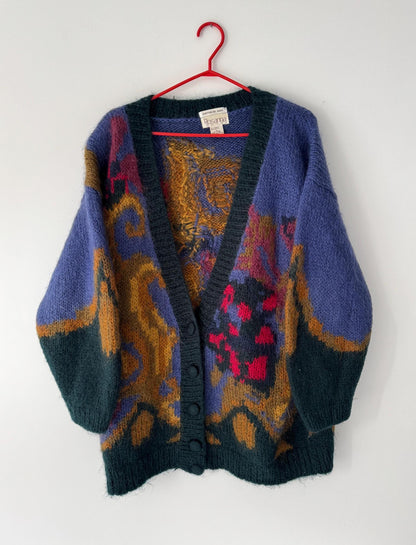 80s vintage multicolor mohair hand knit long button up cardigan