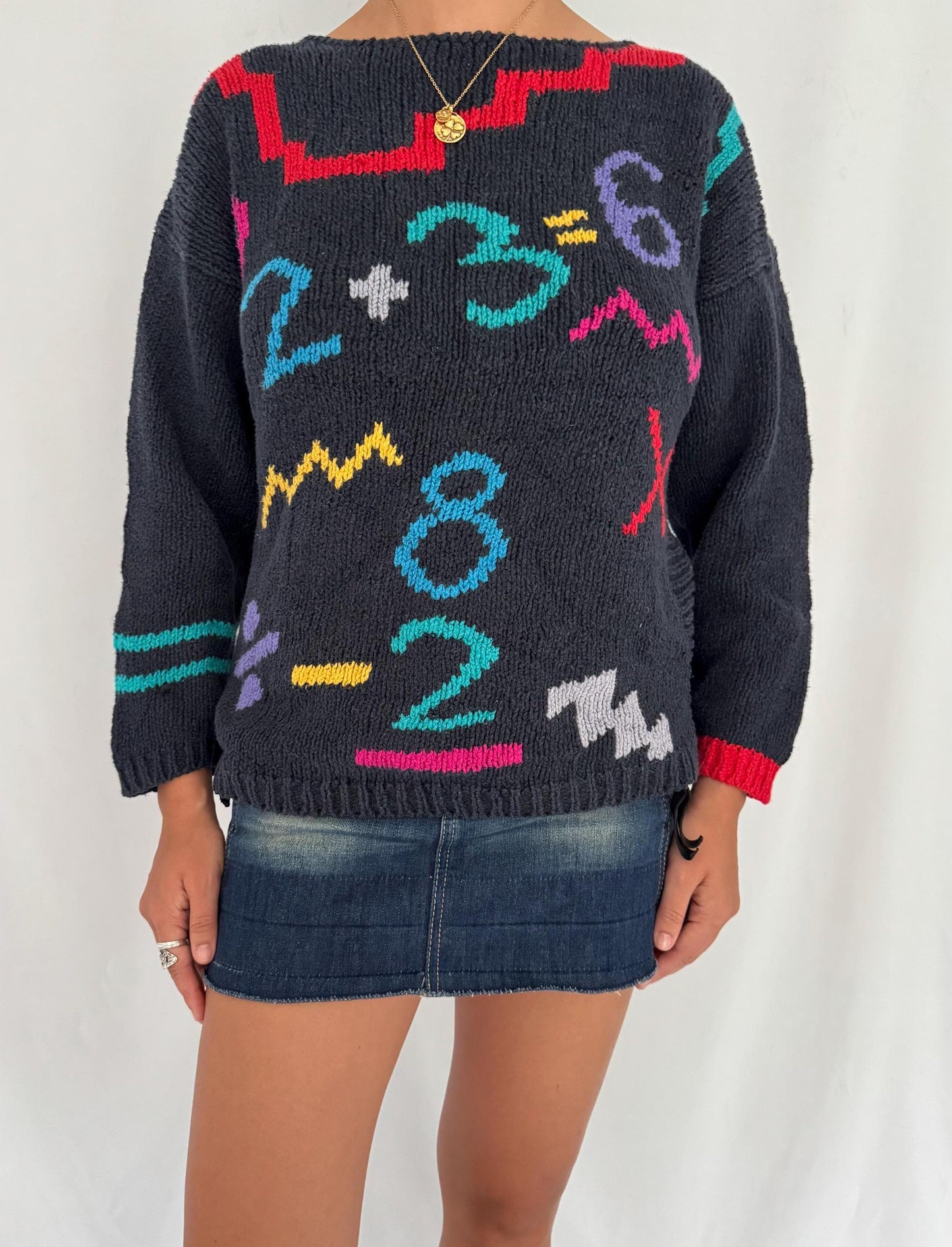 80s vintage novelty abstract numbers graphic knit sweater
