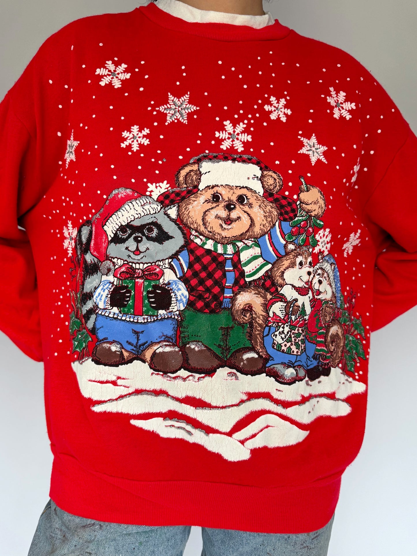 90s vintage red animals christmas graphic pullover sweatshirt – medium
