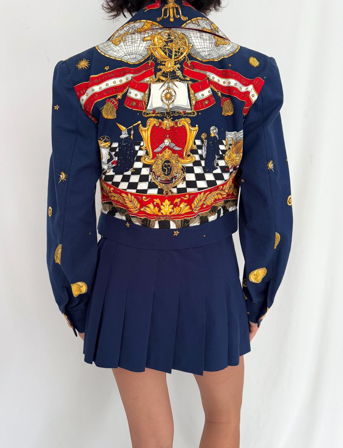 90s vintage multicolor abstract baroque patterned cropped blazer 