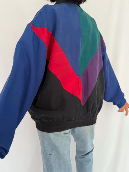 90s vintage multicolor colorblock abstract pure silk light bomber jacket