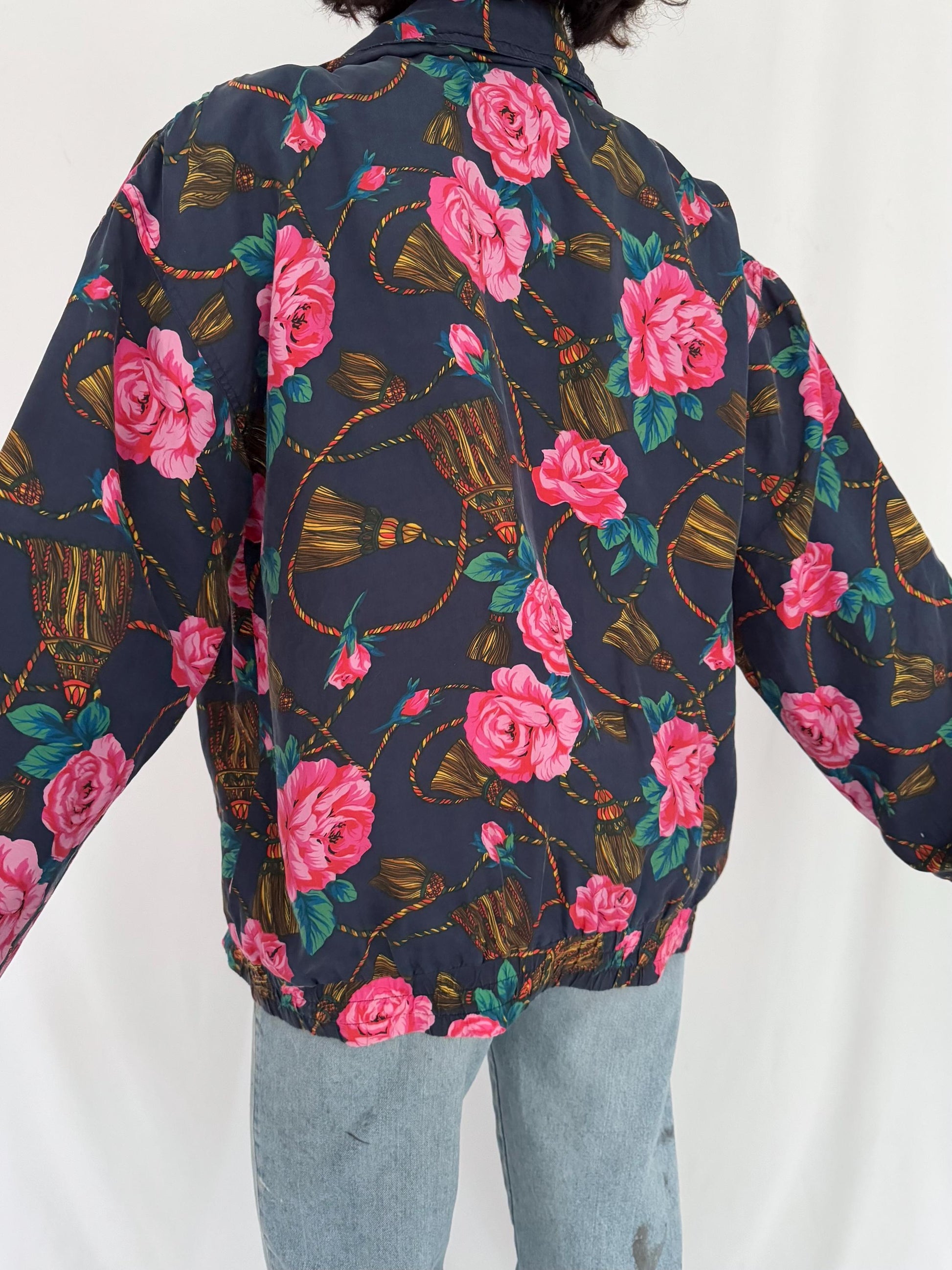 90s vintage multicolor floral rose print pure silk light bomber jacket