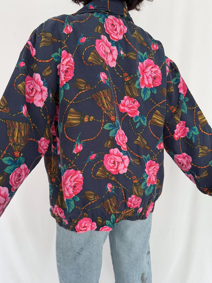 90s vintage multicolor floral rose print pure silk light bomber jacket