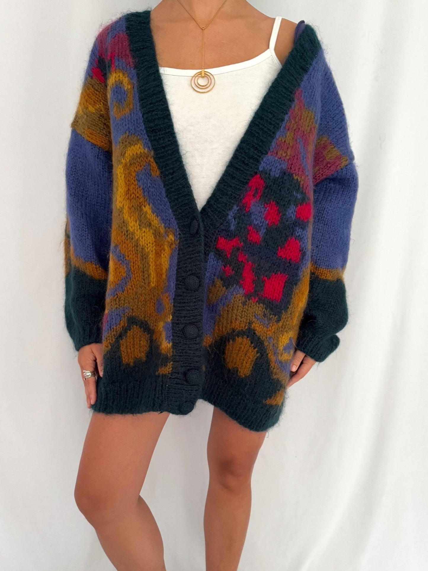 80s vintage multicolor mohair hand knit long button up cardigan