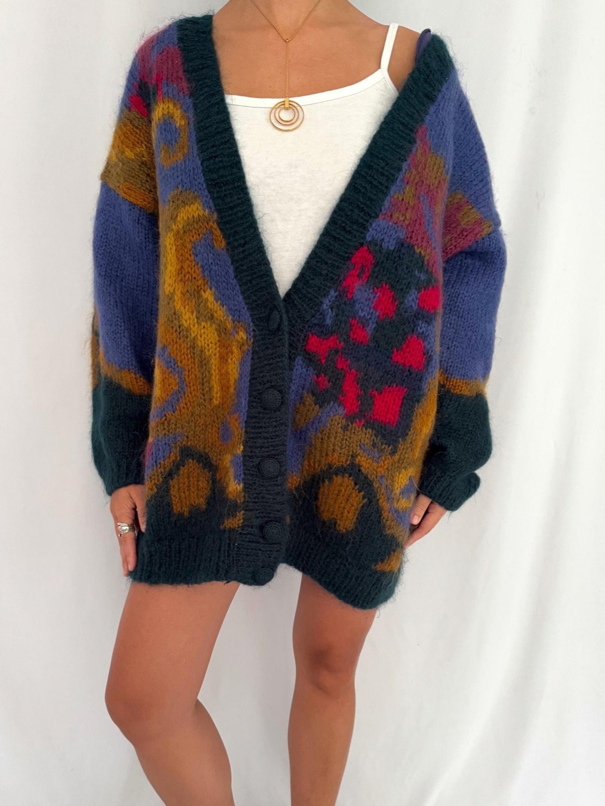 80s vintage multicolor mohair hand knit long button up cardigan