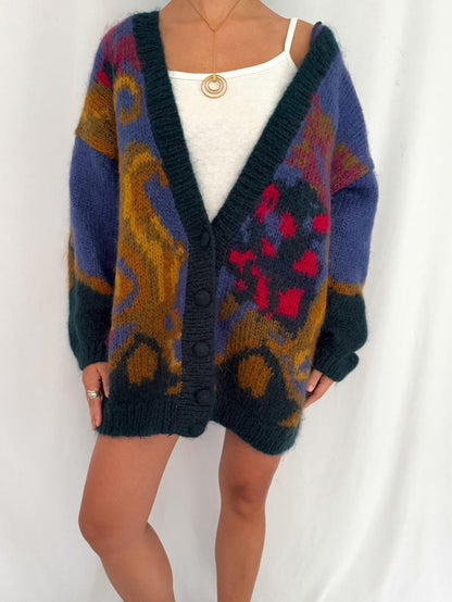 80s vintage multicolor mohair hand knit long button up cardigan