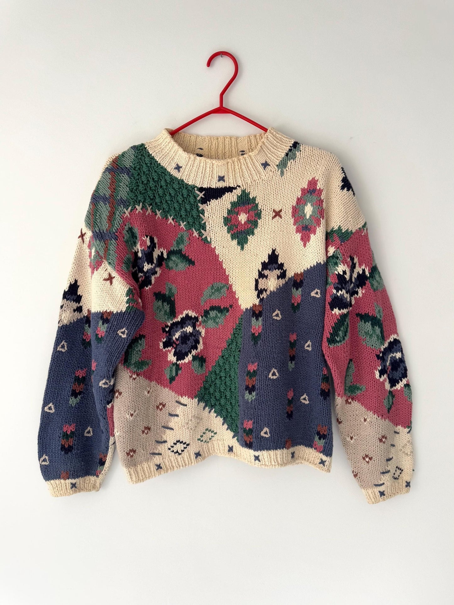 80s vintage multicolor floral patchwork granny thick hand knit sweater