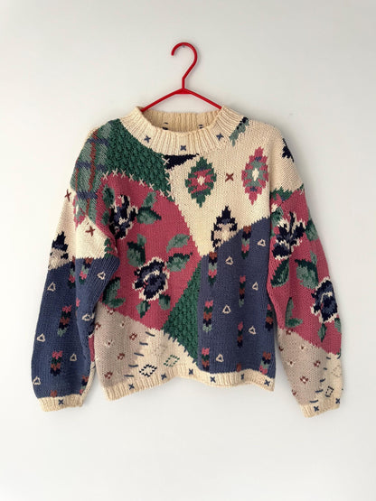 80s vintage multicolor floral patchwork granny thick hand knit sweater