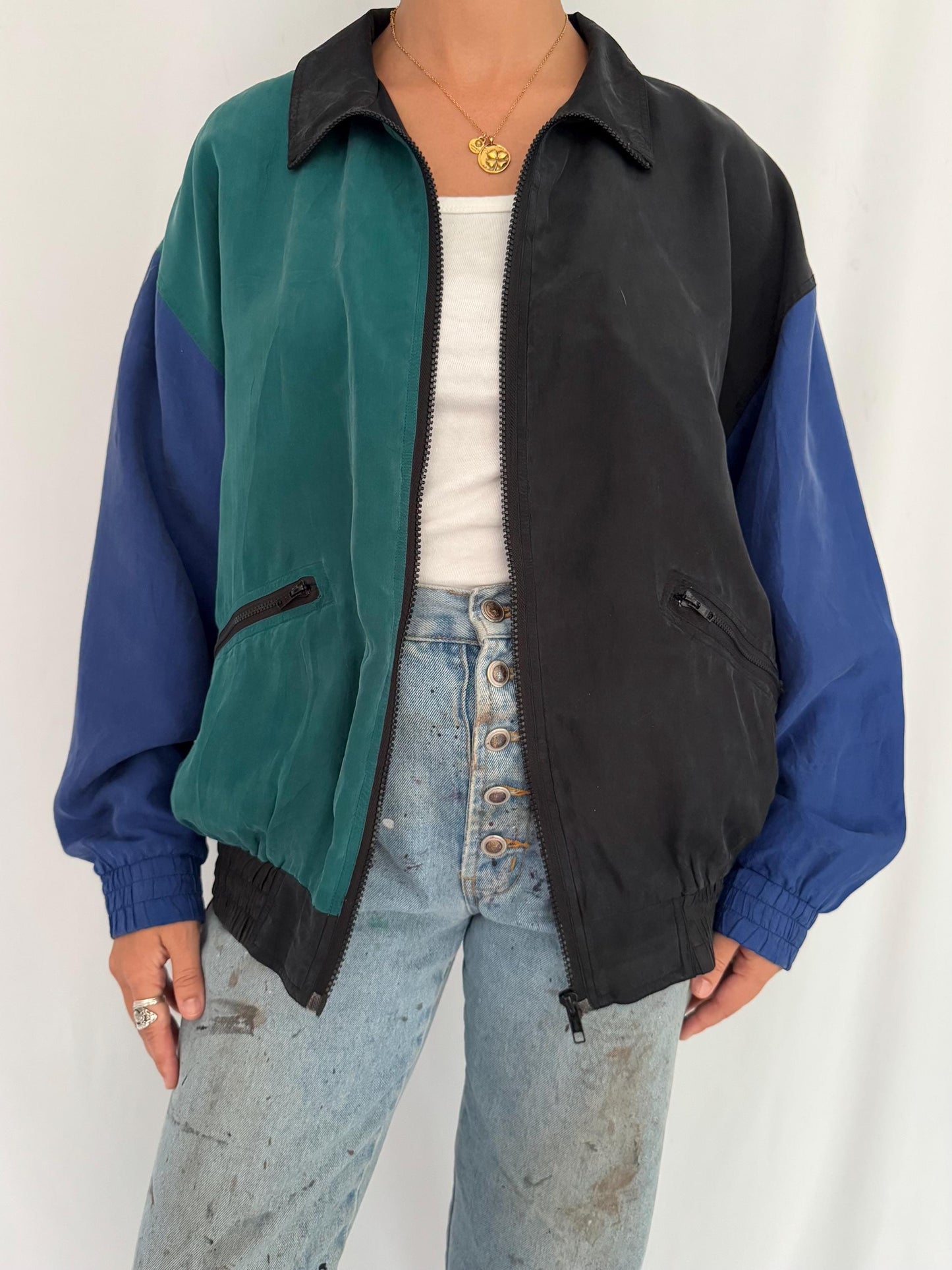 90s vintage multicolor colorblock abstract pure silk light bomber jacket