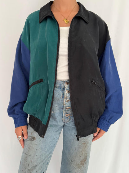 90s vintage multicolor colorblock abstract pure silk light bomber jacket