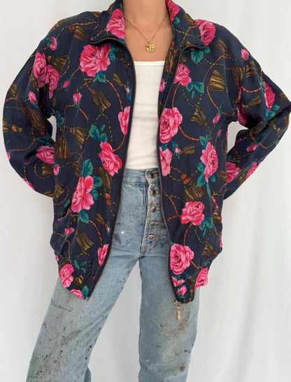 90s vintage multicolor floral rose print pure silk light bomber jacket