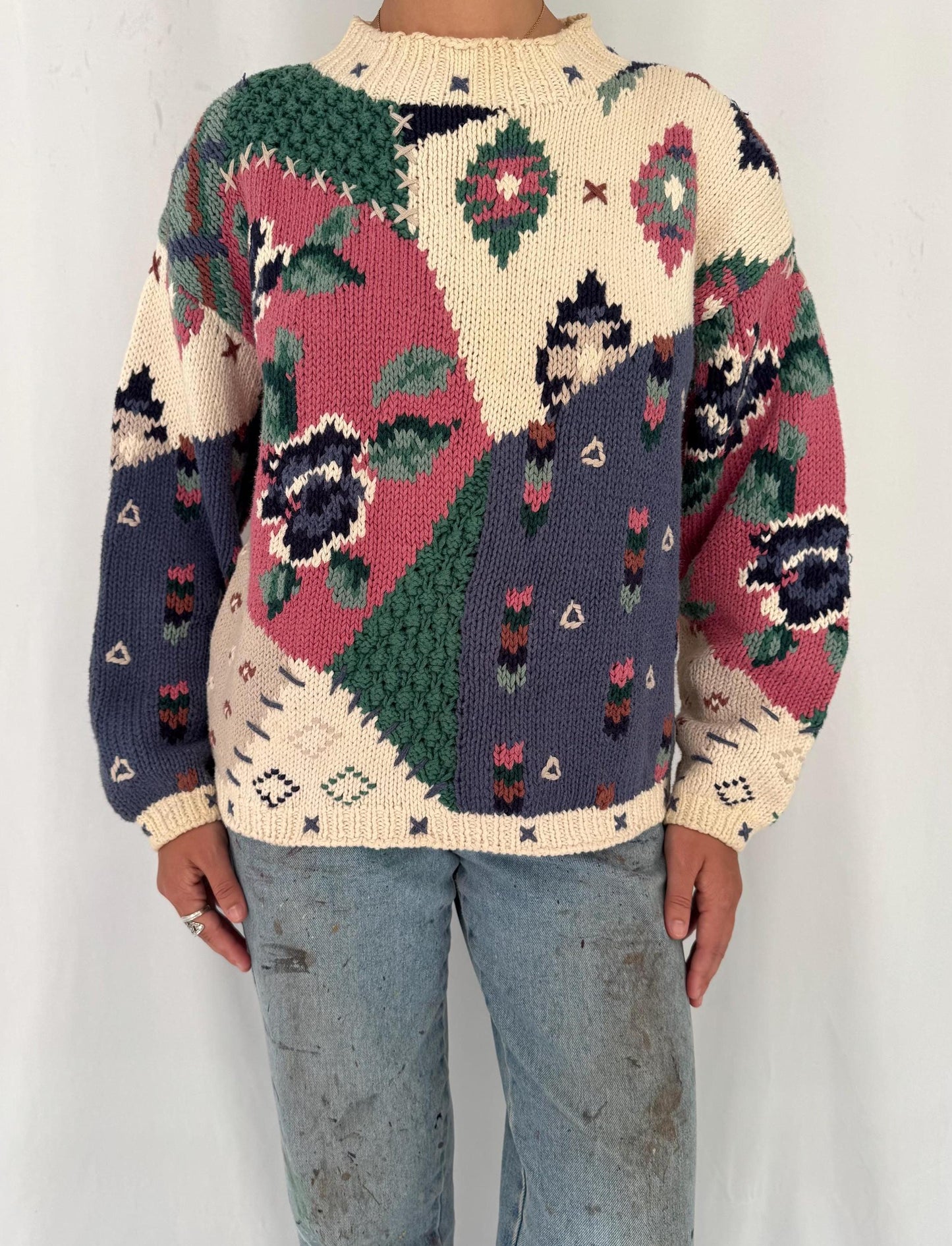 80s vintage multicolor floral patchwork granny thick hand knit sweater