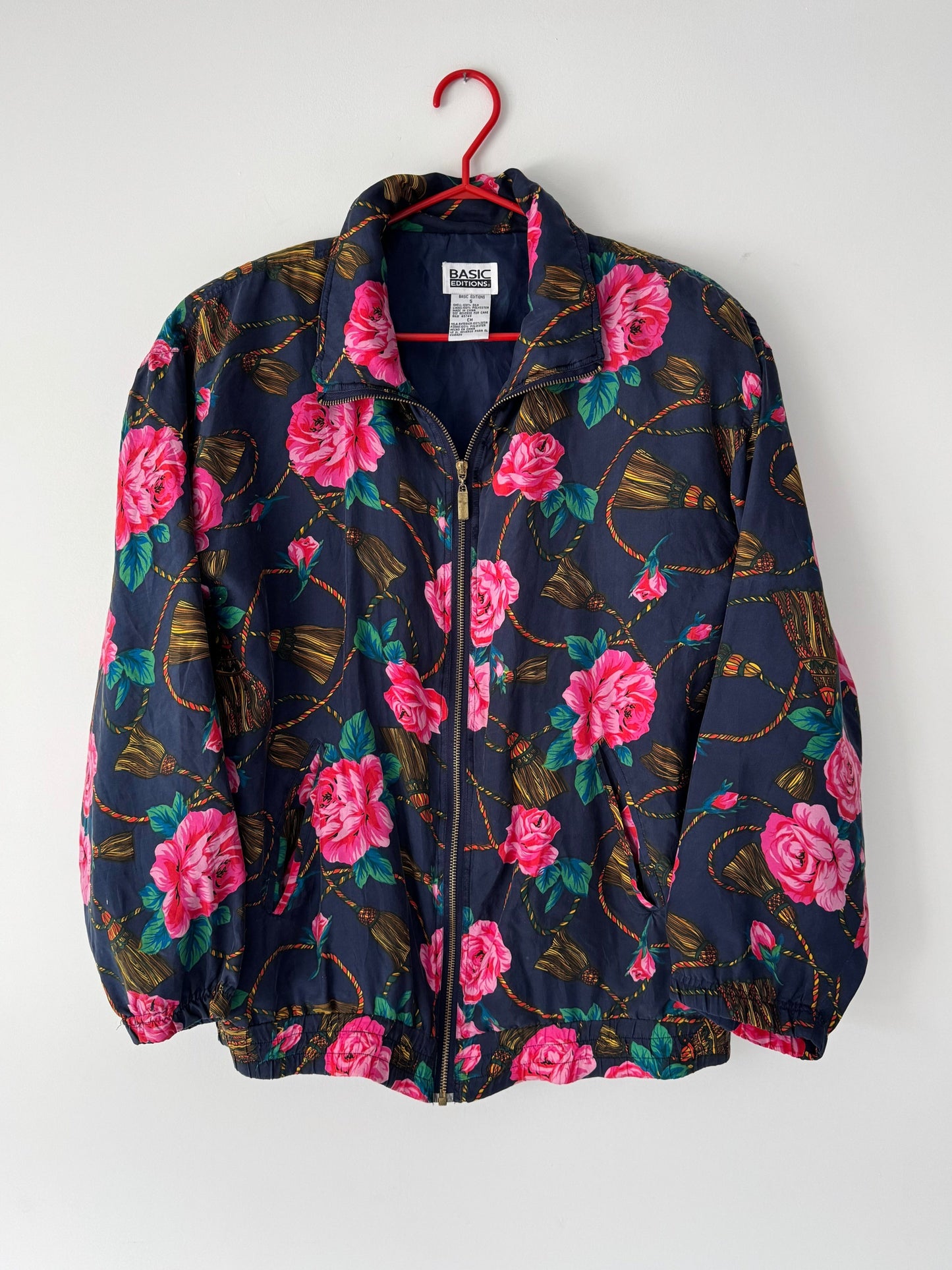 90s vintage multicolor floral rose print pure silk light bomber jacket