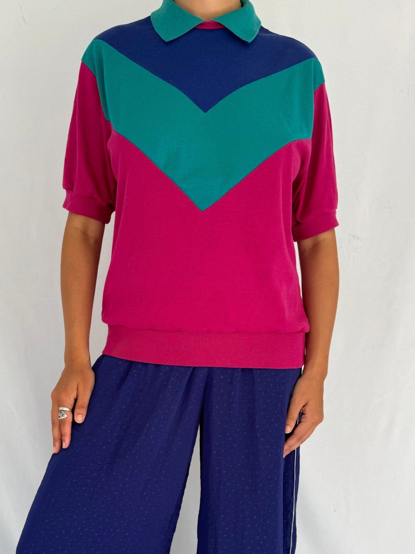 80s vintage multicolor geometric collared short sleeved shirt 