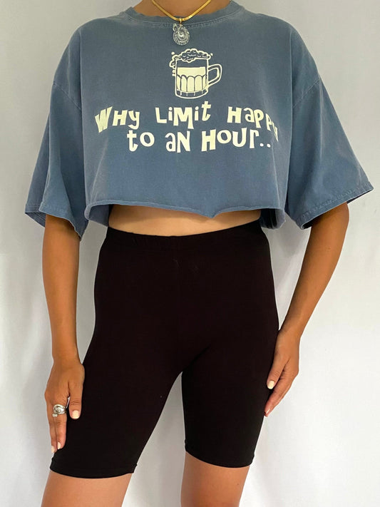 2000s vintage blue happy hour drinks cropped tee shirt – medium | graphic cotton spellout tshirt