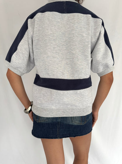 90s vintage grey navy kittens cat graphic striped crewneck pullover sweater