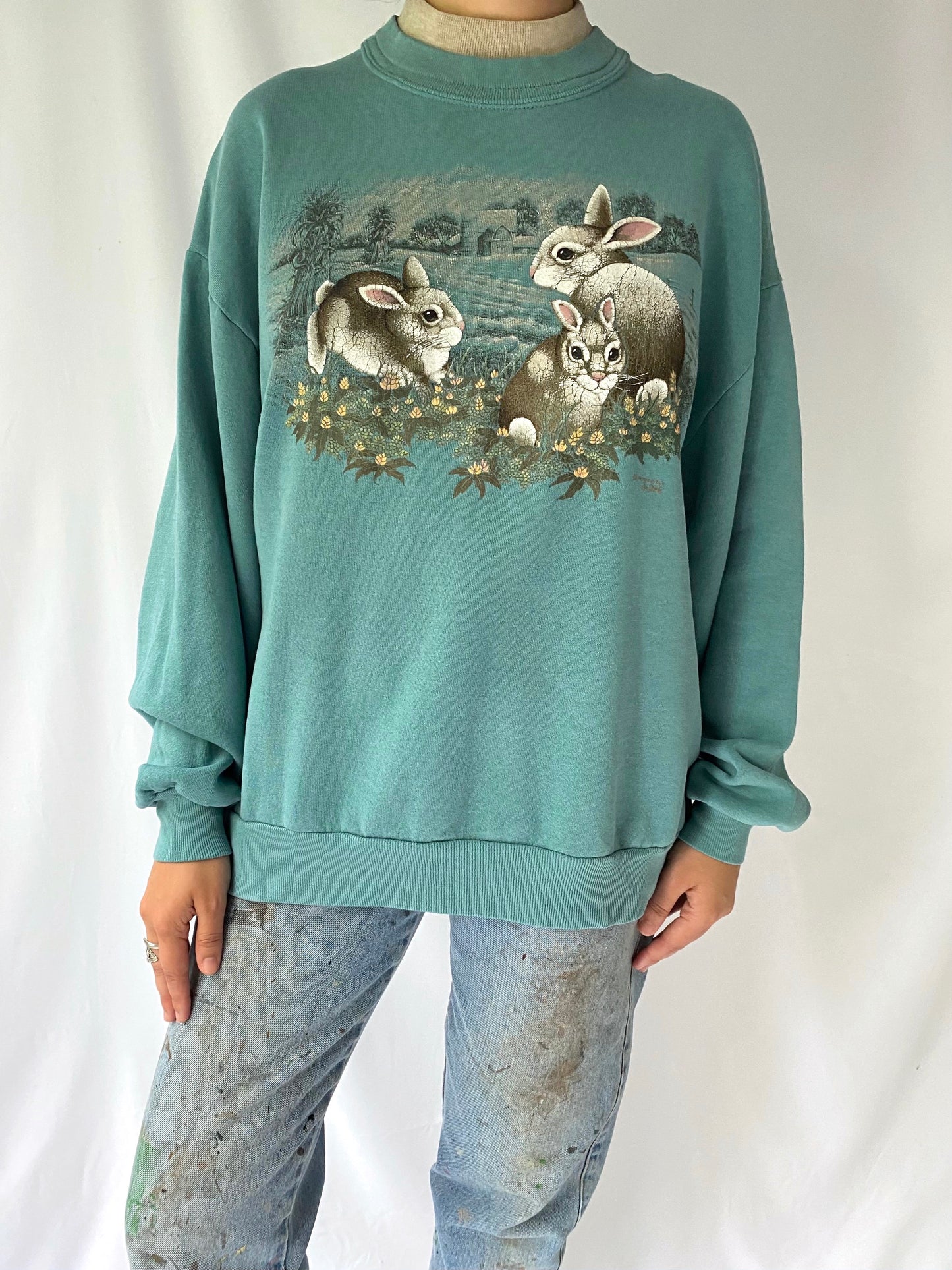 90s vintage green bunnies in nature pullover sweatshirt – medium, large | morning sun cottage granny mock neck sweater