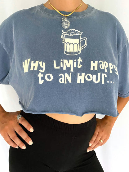 2000s vintage blue happy hour drinks cropped tee shirt – medium | graphic cotton spellout tshirt