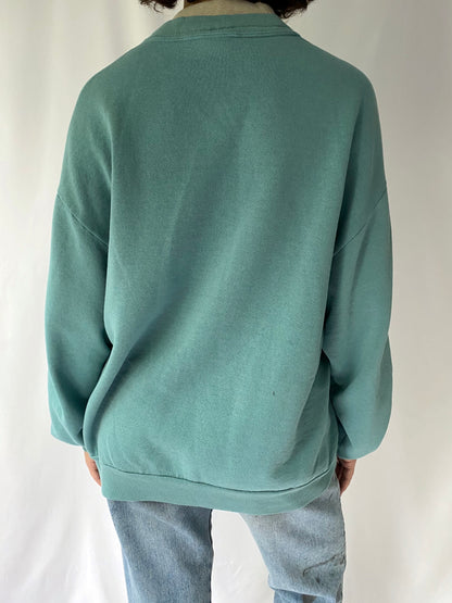 90s vintage green bunnies in nature pullover sweatshirt – medium, large | morning sun cottage granny mock neck sweater