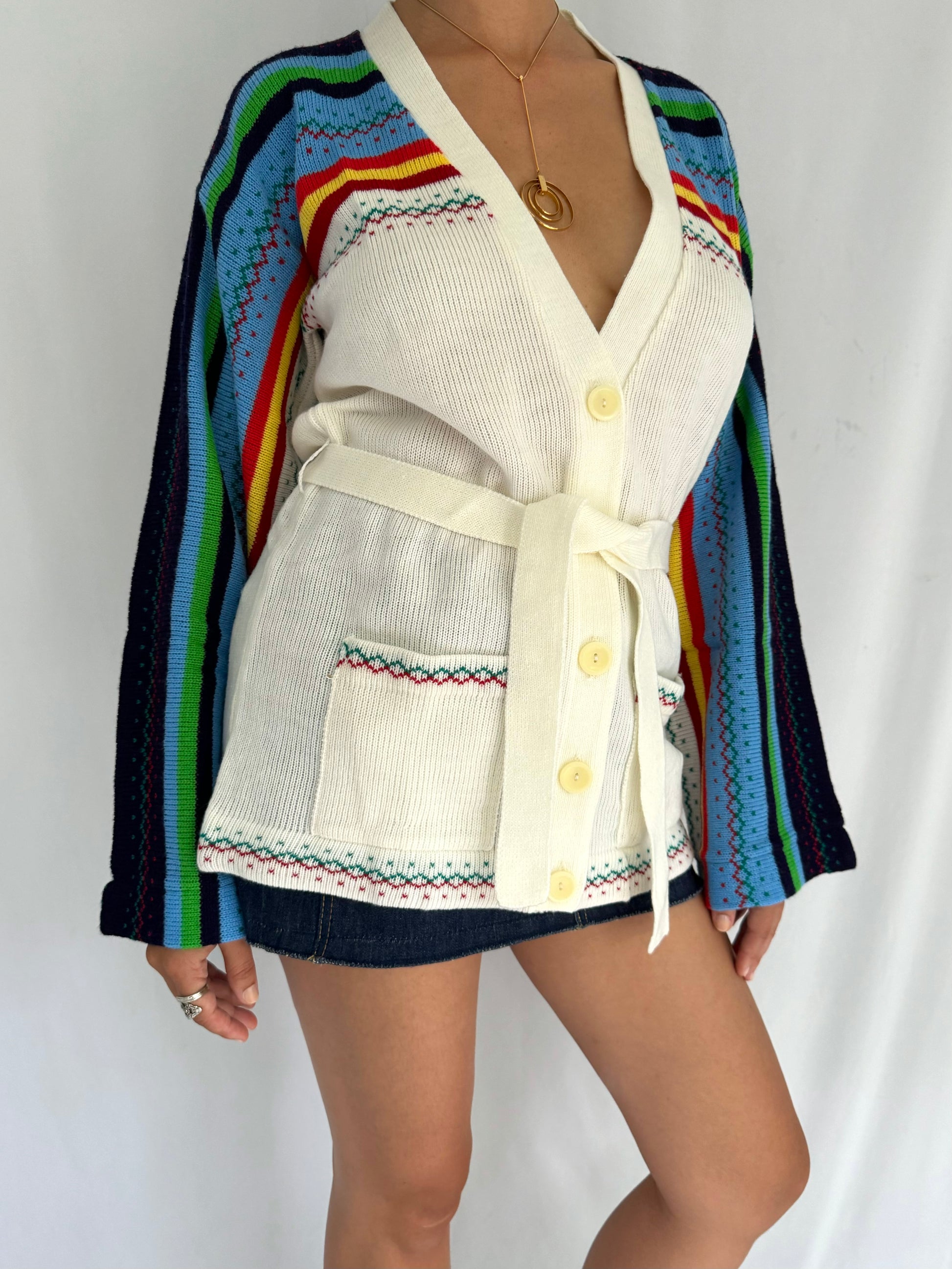 70s vintage rainbow striped knit button up cardigan