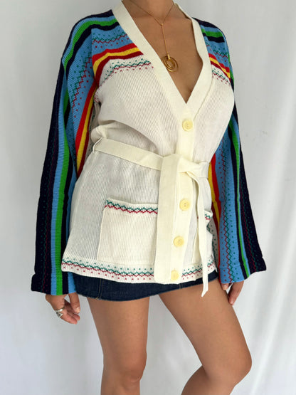 70s vintage rainbow striped knit button up cardigan