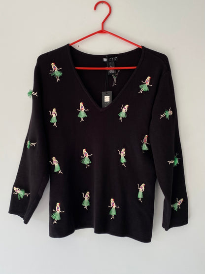 90s vintage black embroidered Hawaiian hula girl knit sweater – medium, large | deadstock NEW novelty vacation shirt