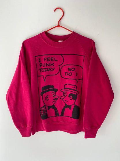 90s vintage magenta I feel punk today pullover sweatshirt – small, medium | graphic comic strip crewneck sweater