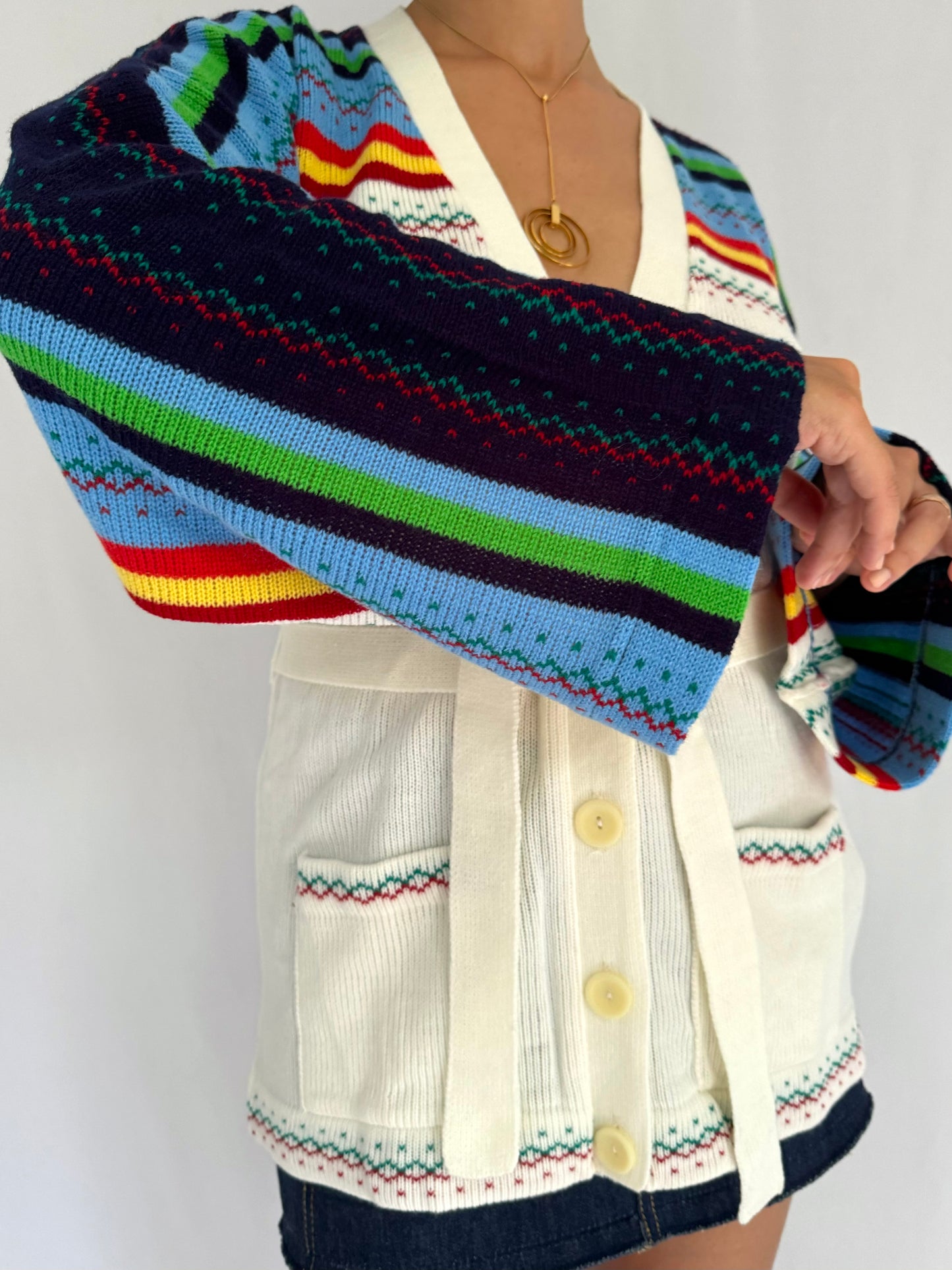 70s vintage rainbow striped knit button up cardigan