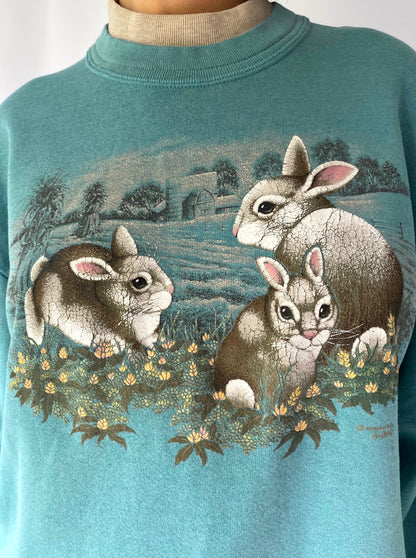 90s vintage green bunnies in nature pullover sweatshirt – medium, large | morning sun cottage granny mock neck sweater