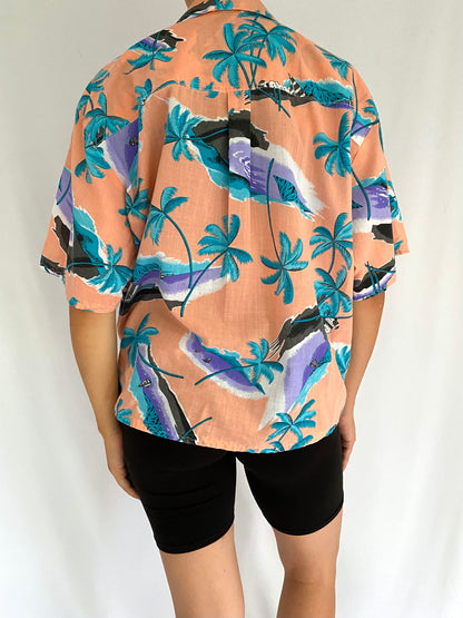 90s vintage multicolor tropical resort palm tree button up shirt 
