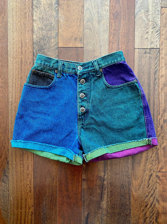 90s vintage multicolor mini denim shorts – small | color block tie dyed high waist retro shorts