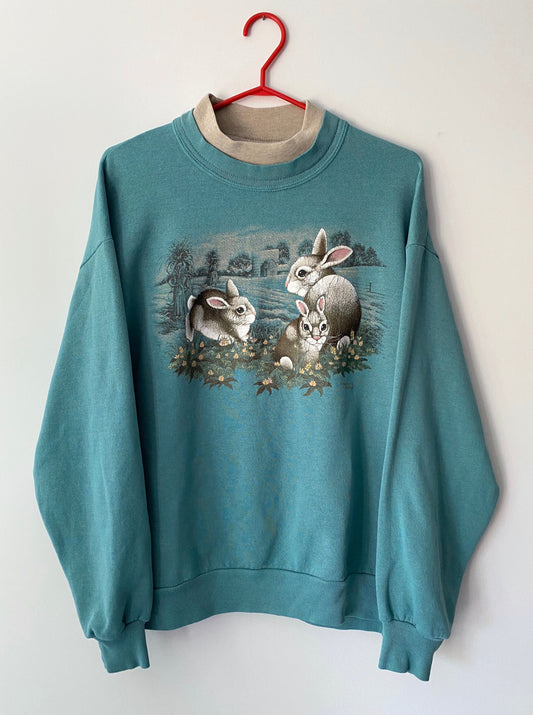 90s vintage green bunnies in nature pullover sweatshirt – medium, large | morning sun cottage granny mock neck sweater