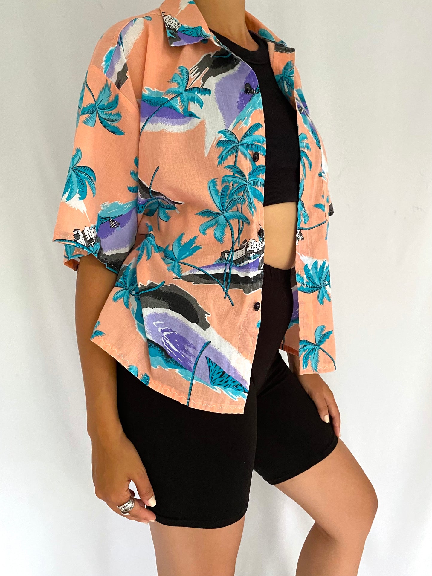 90s vintage multicolor tropical resort palm tree button up shirt 