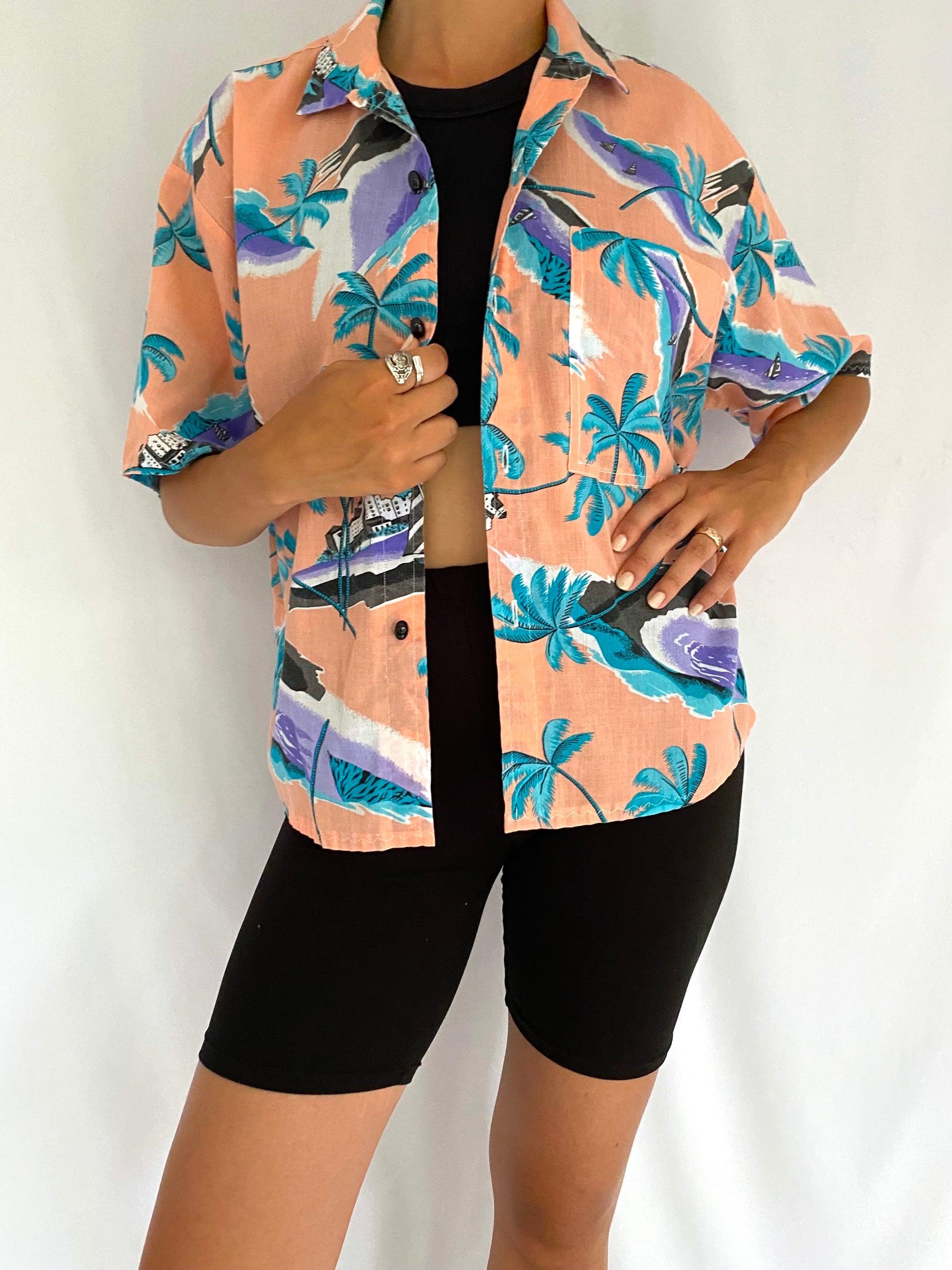90s vintage multicolor tropical resort palm tree button up shirt 