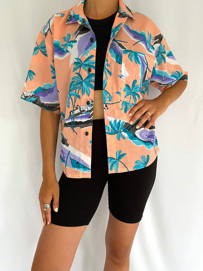 90s vintage multicolor tropical resort palm tree button up shirt 