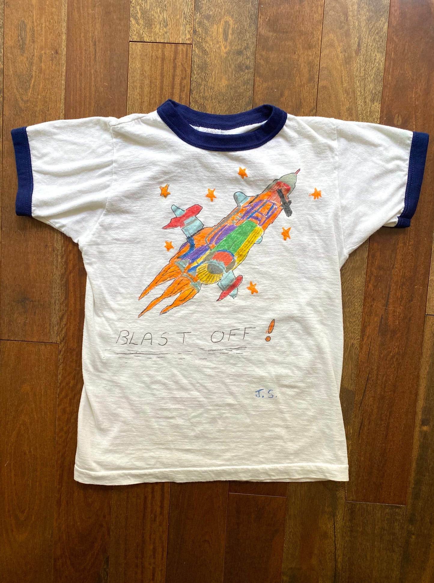 70s vintage white navy hand drawn Blast Off ringer tee shirt – small | novelty unique retro rocket tshirt