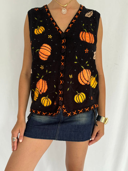 90s vintage fall pumpkin novelty knit sweater vest – medium | Halloween festive embroidered button up waistcoat