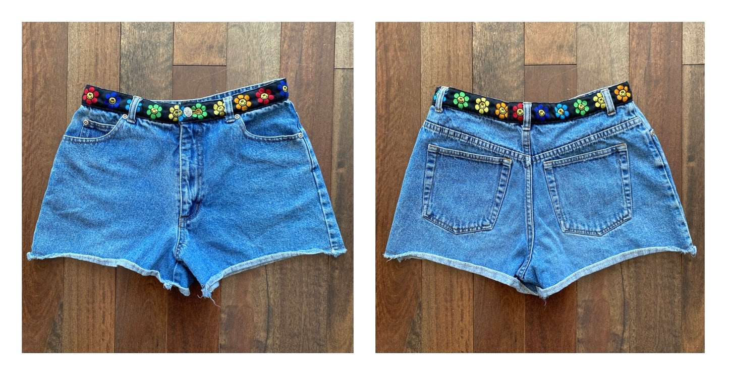 90s vintage rainbow groovy mini blue denim cutoff shorts
