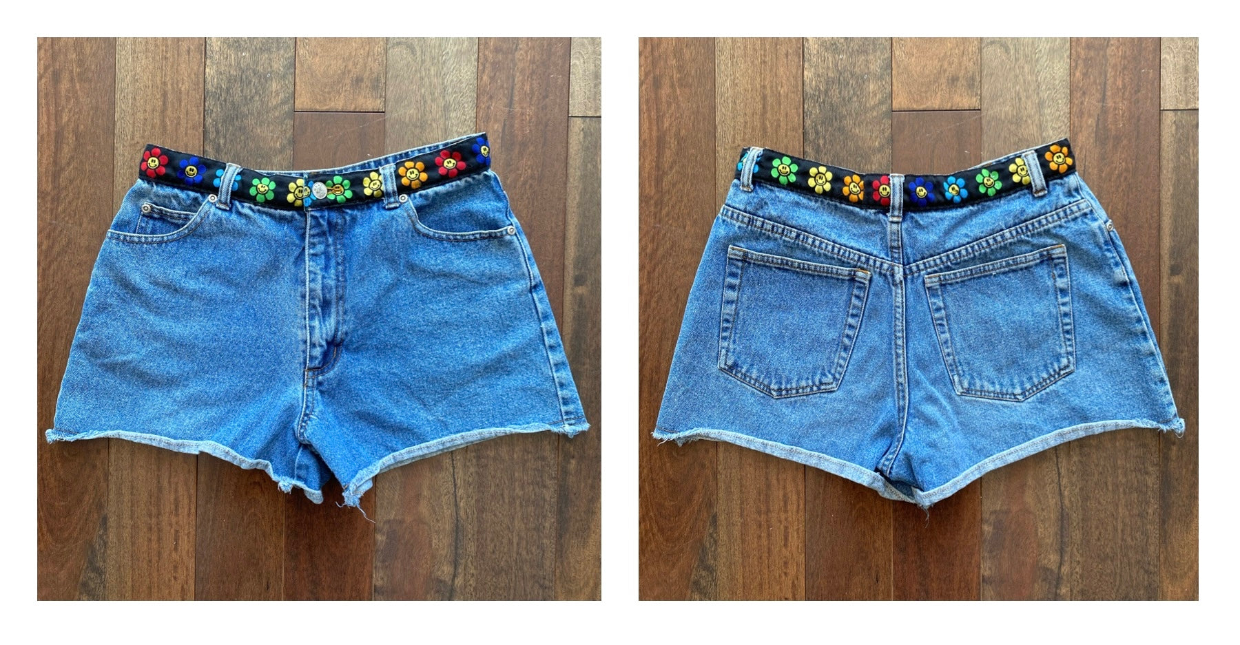 90s vintage rainbow groovy mini blue denim cutoff shorts