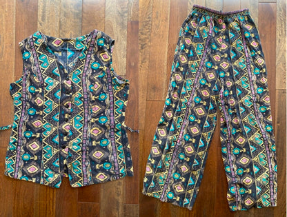 90s vintage brown boho aztec vest top pants matching set – medium | hippy casual lounge coord set