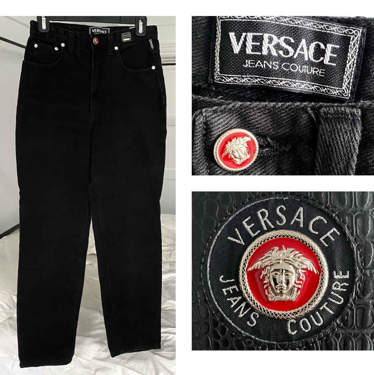 90s vintage versace jeans couture black denim jeans – 26” waist | classic high waist rise tapered mom pants