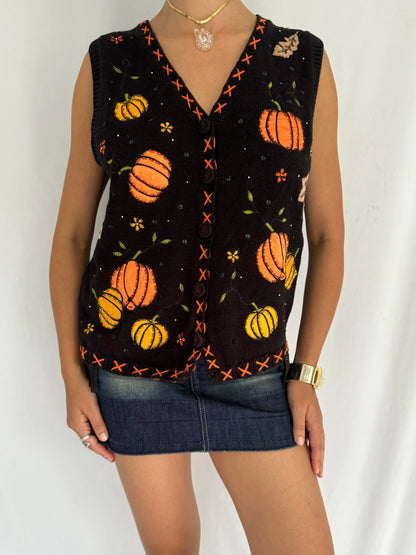 90s vintage fall pumpkin novelty knit sweater vest – medium | Halloween festive embroidered button up waistcoat