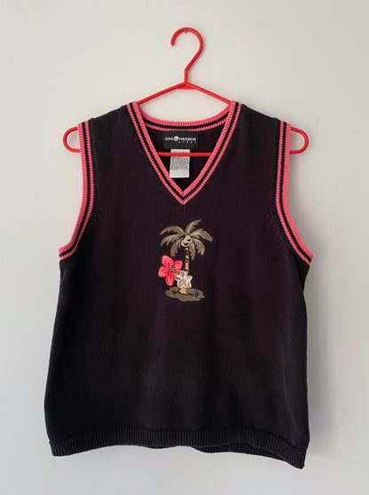 90s vintage black pink palm tree knit sweater vest – small, medium | embroidered tropical cotton top