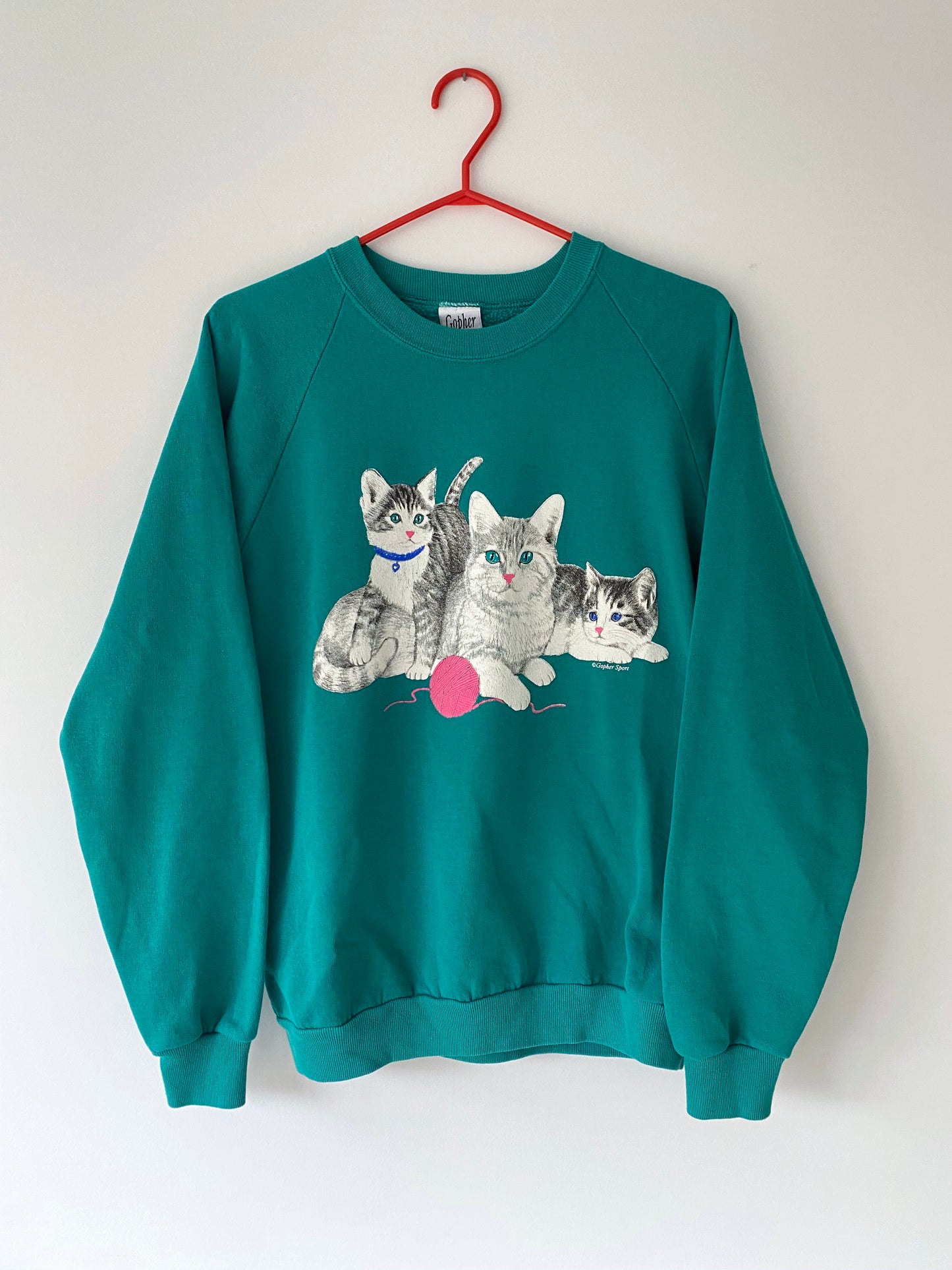 80s vintage green kittens cats yarn ball pullover sweatshirt – medium | cottage granny cotton pastel crewneck sweater