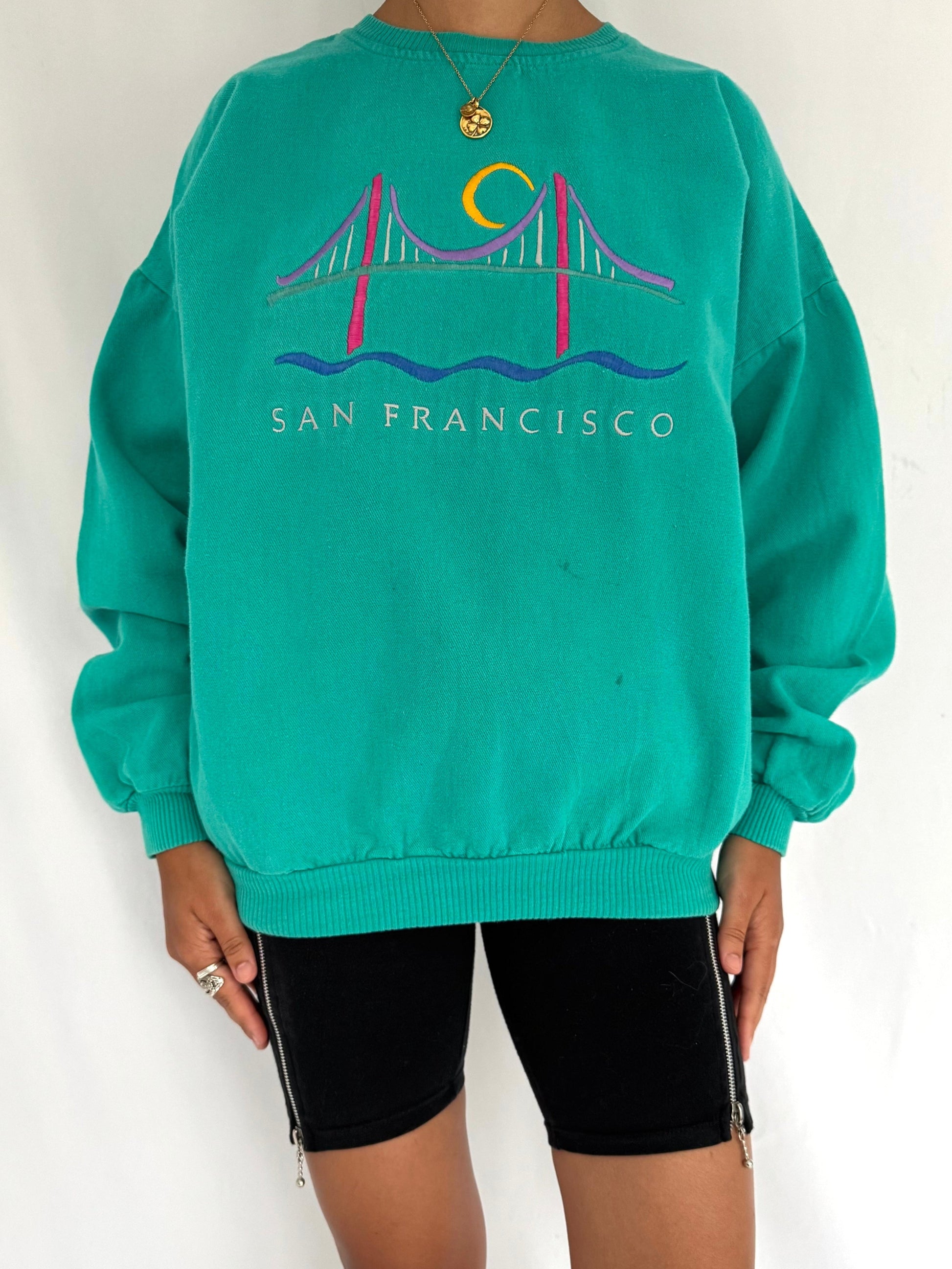 90s vintage teal san francisco retro graphic pullover sweater