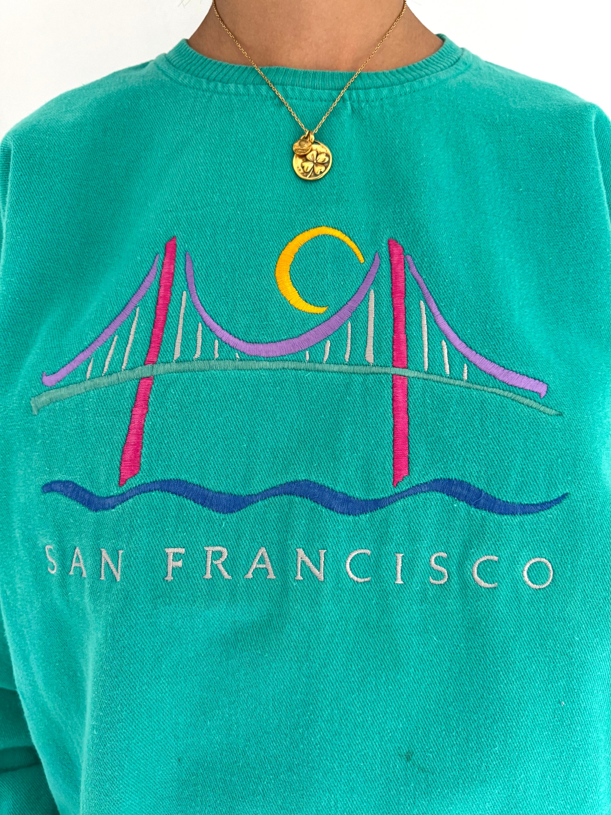 90s vintage teal san francisco retro graphic pullover sweater
